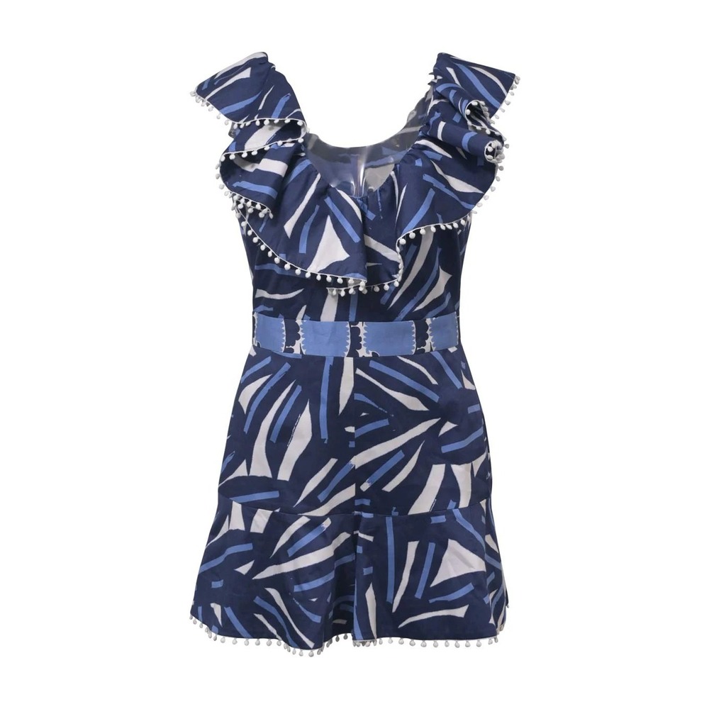Alexis‎ Romper XS Blue White Print Ruffle Trim Pom Pom Belted One Piece Summer